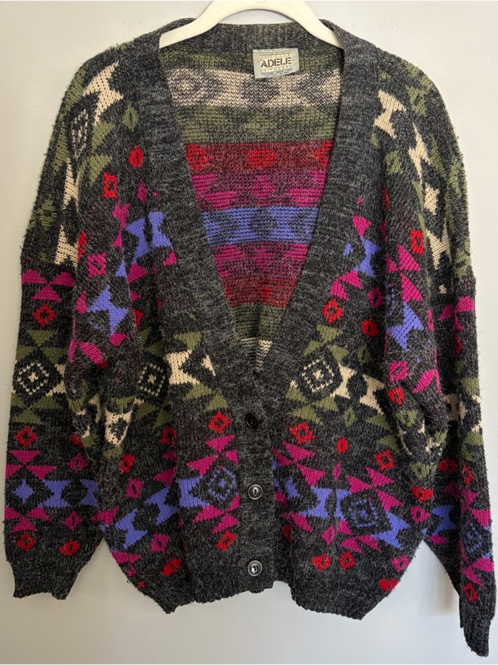 Vintage Cardigan Sweater Unisex L  Southwest Geometric Aztec Grey Purple Pink
